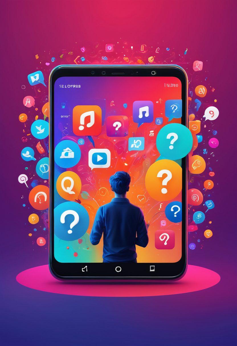 A visually engaging scene depicting a person holding a smartphone with a video streaming app open, surrounded by swirling colorful icons representing adult content, while question marks float around them. In the background, a balance scale symbolizing ethics and leisure hovers above the streaming icons, creating a contrast between allure and responsibility. The overall color palette should be vibrant and eye-catching. digital art. vibrant colors. flat design.
